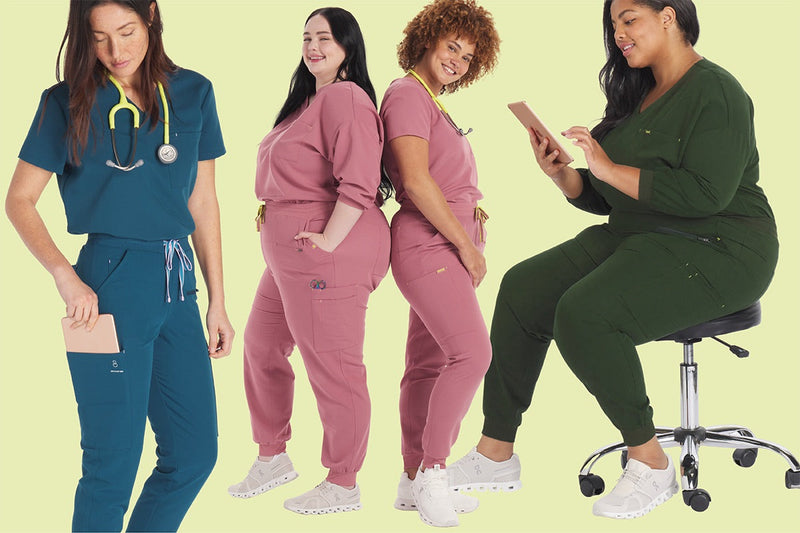 Healthcare professionals wearing ergonomic Dolan scrub pants with supportive waistbands and flexible fits, designed to improve posture and reduce back pain during long shifts.