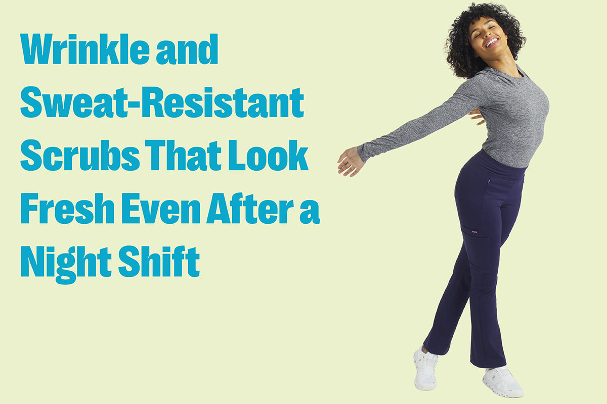 Smiling healthcare professional wearing wrinkle- and sweat-resistant Dolan scrubs, looking fresh and confident after a night shift.