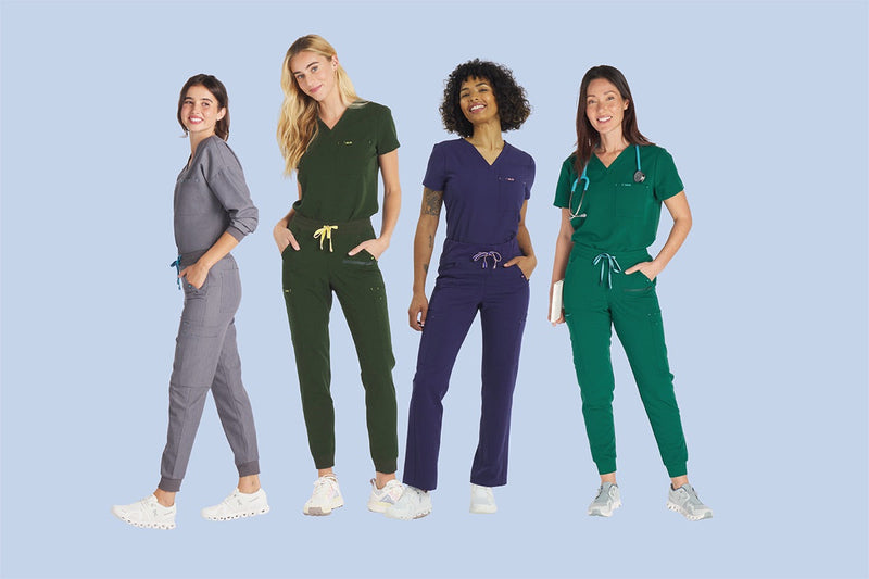 Women wearing scrubs in multiple colors and fits, showcasing well-proportioned XXXS to small-size scrubs designed for petite and small-bodied healthcare professionals.