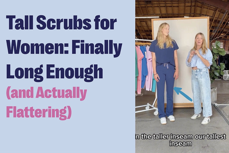 Tall scrubs for women shown on a tall female model wearing navy scrub pants with a full-length inseam that reaches the floor, demonstrating a flattering fit for tall women.