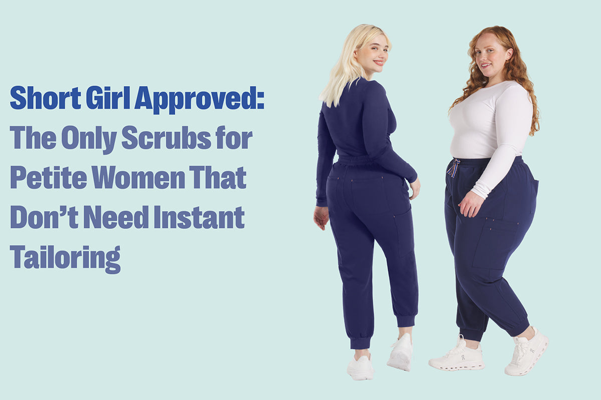 Two petite women wearing Dolan navy jogger scrub pants and long-sleeve tops stand side by side, showcasing a flattering petite-friendly fit.