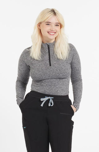 Woman wearing Bond Baseluxe Slim Fit Half Zip Top in Heather Grey