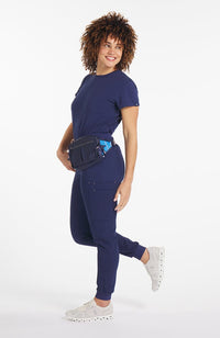 Woman wearing navy bravo belt bag - DOLAN