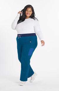 Woman wearing District Pant in Caribbean Blue Colorblock - DOLAN
