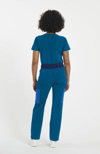 Woman wearing District Pant in Caribbean Blue Colorblock - DOLAN