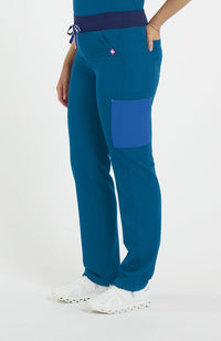Woman wearing District Pant in Caribbean Blue Colorblock - DOLAN