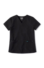 Flatlay photo of V neck scrub top with two pockets kangaroo in black