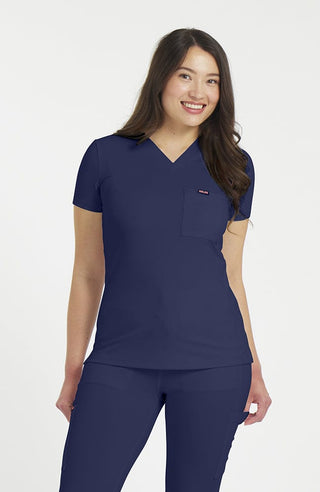 Halo V Neck 2-Pocket FLEX Stretch Scrub Top in Navy - DOLAN