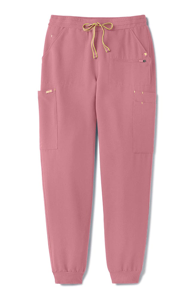 Flatlay photo of Hope 11 pocket jogger scrub pant in rosewood pink on woman