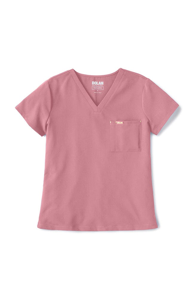 Flatlay photo of rosewood pink scrub color V neck scrub top