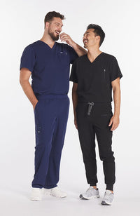 Two men wearing Miguel V Neck 3-Pocket Men's CORE Scrub Top - DOLAN