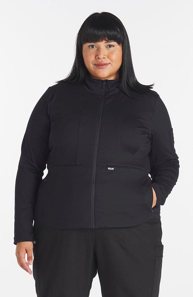 Park slim fit active jacket in black on a dark haired woman