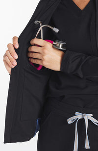Park slim fit active jacket close up image on inside pocket for stethoscope