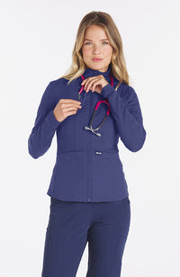Park slim fit active jacket in navy on a woman