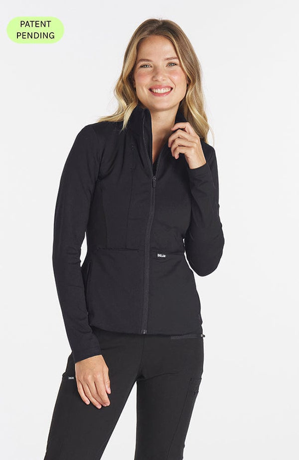 Park slim fit active jacket in black on a blonde haired woman