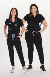 2 women in high waisted Hope 11 Pocket Jogger scrub pant in Black